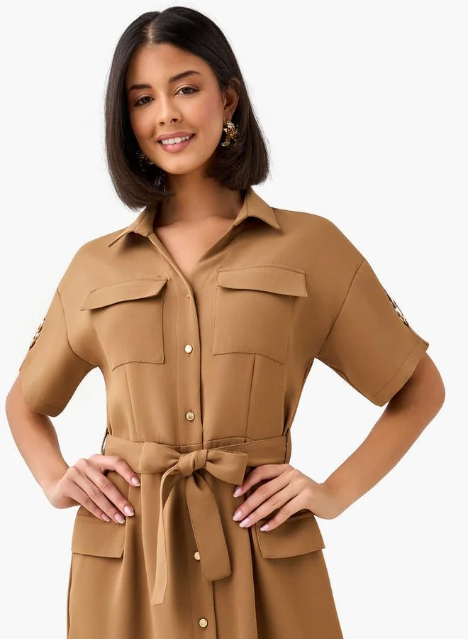 Iconic  Iconic Midi Belted Shirt Dress with Pocket Detail for Women | Best Price UAE